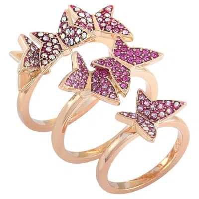 Pre-owned Swarovski Lilia Rose Gold-plated Steel Pink& Clear Crystals Stackable Rings In Red