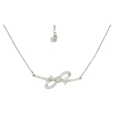 Pre-owned Swarovski Long Large Knot Bow Ribbon Bar Crystals Pendant White Silver Necklace