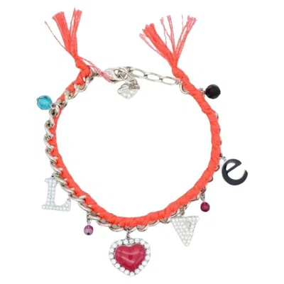Pre-owned Swarovski Love Heart Charm Alphabet Shining Crystals Pink Red Silver Bracelet