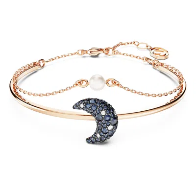 Swarovski Rose Gold-tone Pave Crescent Moon & Imitation Pearl Double-row Bangle Bracelet In Blue