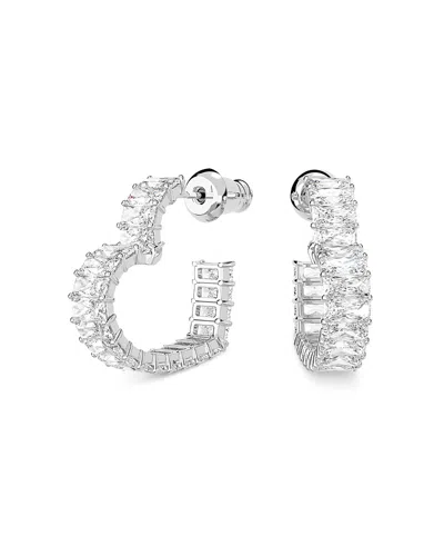 SWAROVSKI MATRIX BAGUETTE CRYSTAL SMALL HEART HOOP EARRINGS IN RHODIUM PLATED