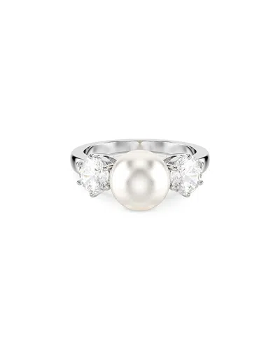 Swarovski Matrix Crystal & Imitation Pearl Cocktail Ring In Rhodium Plated In Silver/white