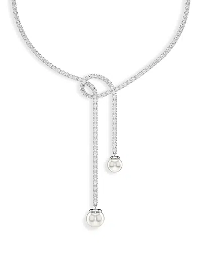 SWAROVSKI MATRIX CRYSTAL & IMITATION PEARL LARIAT NECKLACE IN RHODIUM PLATED, 14.12-16.12