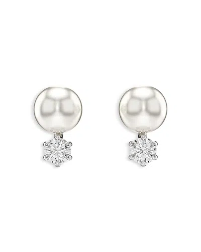 Swarovski Matrix Crystal & Imitation Pearl Stud Earrings In Rhodium Plated In Silver