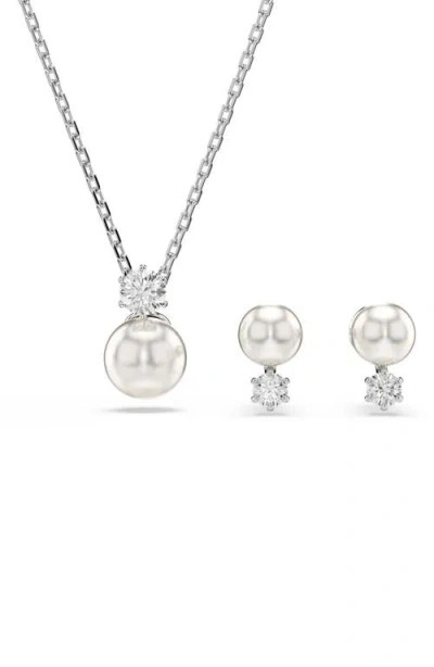 Swarovski Matrix Crystal Pearl Necklace & Stud Earrings Set In Metallic