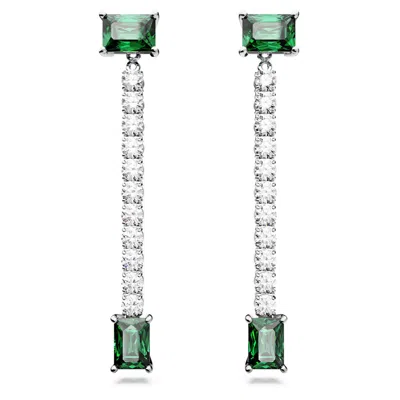 Swarovski Matrix Pave & Green Rectangle Crystal Linear Drop Earrings In Rhodium Plated