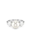 Swarovski Matrix Crystal & Imitation Pearl Cocktail Ring In Rhodium Plated In Silver/white
