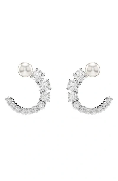 SWAROVSKI SWAROVSKI MATRIX IMITATION PEARL & CRYSTAL FRONTAL HOOP EARRINGS