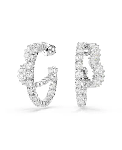 Swarovski Matrix Mixed Cuts, Heart, White, Rhodium Plated Hoop Earrings In Clear,silver