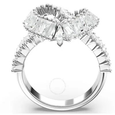Swarovski Matrix Motif Ring Heart Woven Rhodium Shiny White In Silver Tone