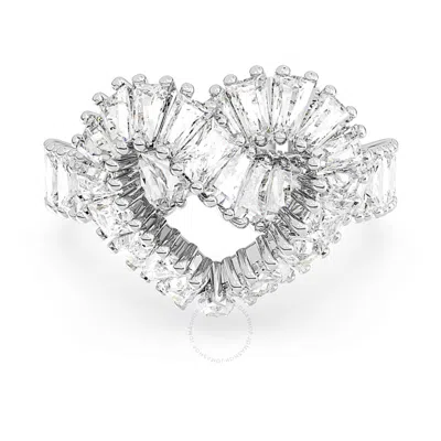 Swarovski Matrix Motif Ring Heart Woven Rhodium Shiny White In Silver Tone
