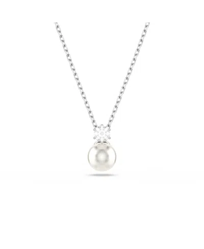 Swarovski Matrix Pendant, Crystal Pearl, Round Cut, White, Rhodium Plated Necklace In Silver