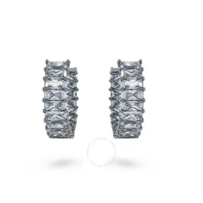 Swarovski Matrix Pierced Earrings Mini Hoop Ruthenium Shiny Grey In Silver Tone