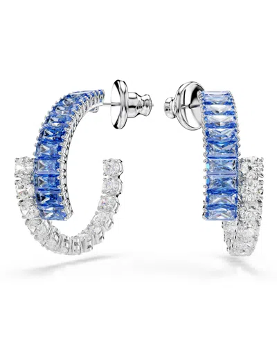 Swarovski Matrix Rhodium Plated Hoop Earrings In Blue