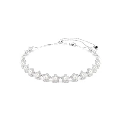 Swarovski Matrix White Crystals & Pearl Choker In Silver