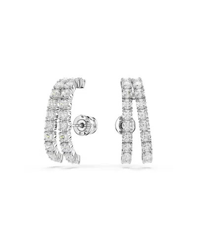 Swarovski Matrix White, Rhodium Plated Round Cut Cuff Earrings In Clear,silver