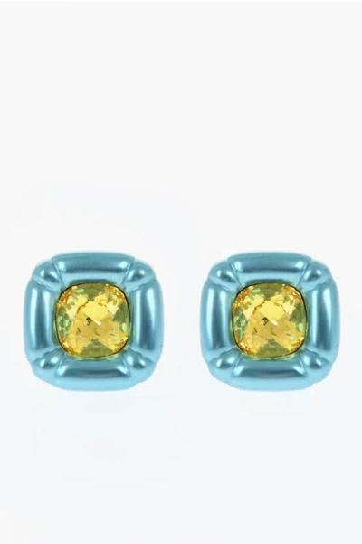 Swarovski Metal Dulcis Stud Earrings With Cushion Cut Crystal In Blue