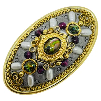 Pre-owned Swarovski Michal Golan Signed Vintage Gold Tone Gemstones Pearls Designer Brooch Pendant In Multi