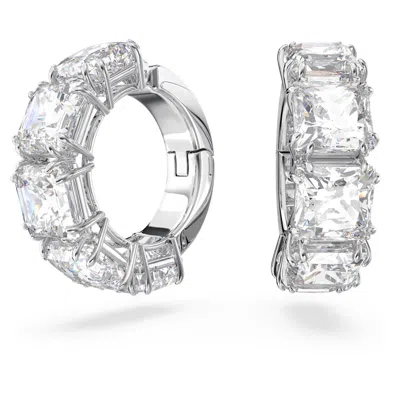 Swarovski Millenia Square Crystal Clip On Hoop Earrings In Rhodium Plated In White