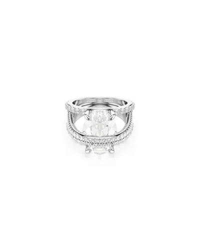 Swarovski Mixed Cuts Rhodium Plated Hyperbola Cocktail Ring In Silver