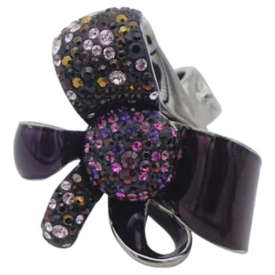 Pre-owned Swarovski Nirvana Cocktail Purple Flower Ribbon Bow Silver Ring, Size 52, Uk L