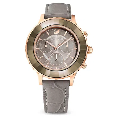 Pre-owned Swarovski Octea Lux Chrono Watch , Leather Strap, Gray, Rose Gold-tone 5452495