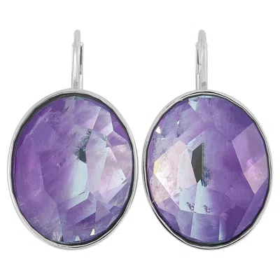 Pre-owned Swarovski Oval Rhodium-plated Stainless Steel And Purple Crystal Earrings