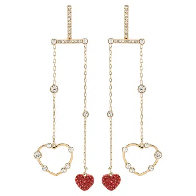 Pre-owned Swarovski Oxo Red Heart Hove Chandelier Mobile Pierced Gold Drop Earrings, Bnwt