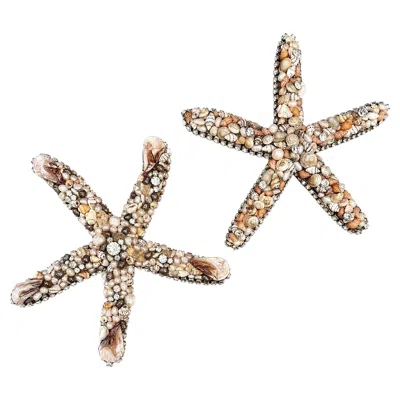 Pre-owned Swarovski Pair Of Douglas Cloutier Shell &  Crystal Starfish Sculptures, Signed In Beige