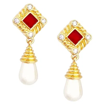 Pre-owned Swarovski Pearl Drop Earrings With Ruby Red Crystals By , 1980s