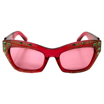 Pre-owned Swarovski Pink Cat Eye Sunglasses With Green Crystal Accents