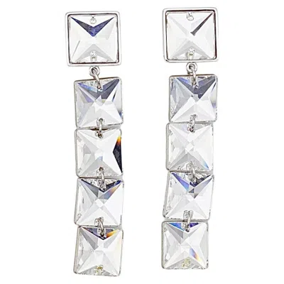Pre-owned Swarovski Princess Cut Floating Crystals Long Square White Drop Clip Earrings