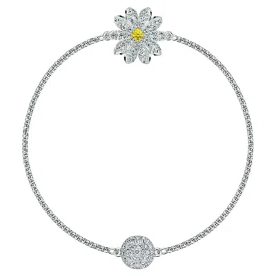 Pre-owned Swarovski Remix Daisy Yellow Crystals Strand White Rhodium Charm Silver Bracelet