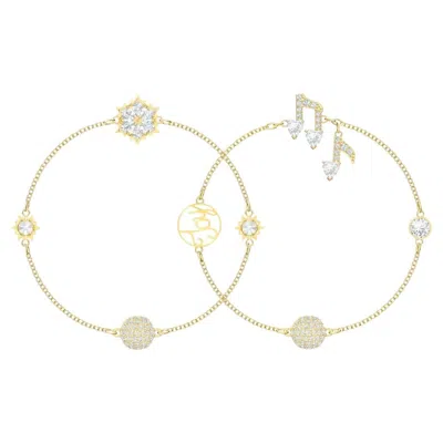 Pre-owned Swarovski Remix Snowflake Joy Musical Notes Strand Bracelet Set, Gold Tone, Bnwt In Multi