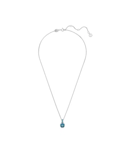 Swarovski Rhodium Plated Square Cut Color Birthstone Pendant Necklace In December,blue