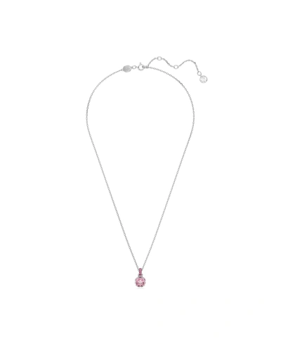 Swarovski Rhodium Plated Square Cut Color Birthstone Pendant Necklace In Pink,october