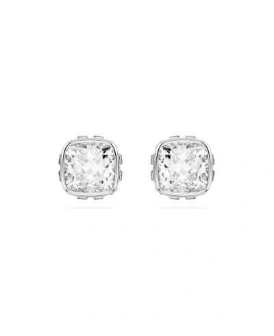 Swarovski Rhodium Plated Square Cut Color Birthstone Stud Earrings In White