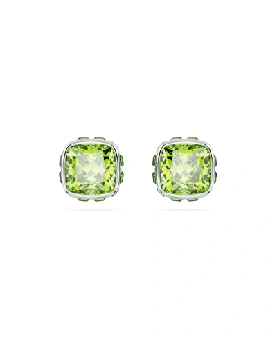 Swarovski Rhodium Plated Square Cut Color Birthstone Stud Earrings In Green