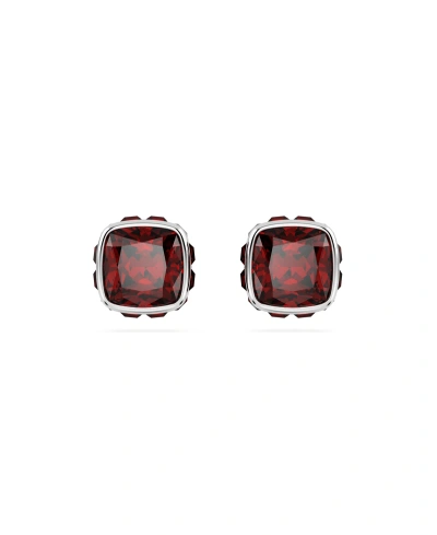 Swarovski Rhodium Plated Square Cut Color Birthstone Stud Earrings In Red
