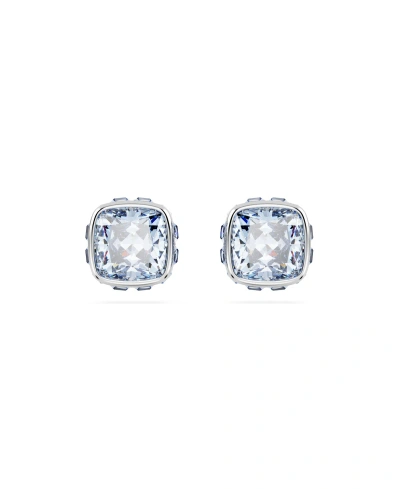 Swarovski Rhodium Plated Square Cut Color Birthstone Stud Earrings In Blue