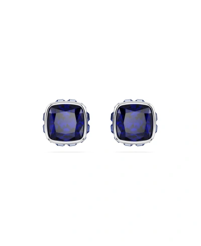 Swarovski Rhodium Plated Square Cut Color Birthstone Stud Earrings In Blue
