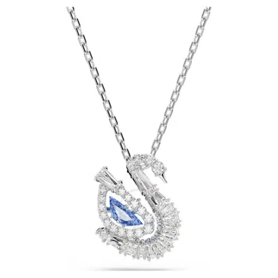 Swarovski Rhodium Plated Swan Pendant Necklace In Blue