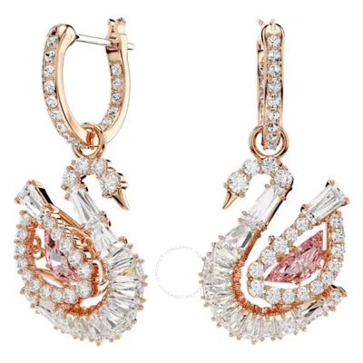 Swarovski Rose Gold-tone Plated Swan Drop Earrings In Pink