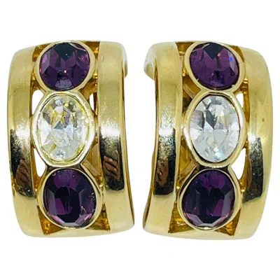 Pre-owned Swarovski Sal Signed Vintage Gold Plated Amethyst Crystal Designer Clip Earrings In Purple
