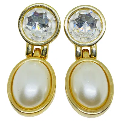 Pre-owned Swarovski Sal Signed Vintage Gold Plated Pearl Crystals Designer Drop Earrings In Multi