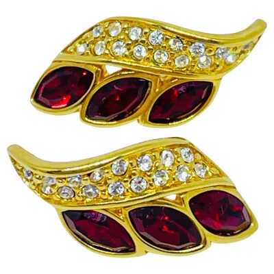 Pre-owned Swarovski Sal Signed Vintage Gold Plated Ruby Crystals Designer Post Earrings In Multi