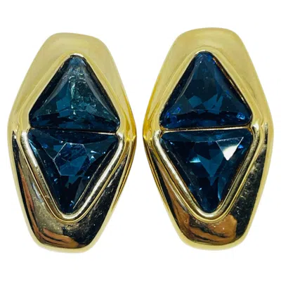 Pre-owned Swarovski Sal Signed Vintage Gold Plated Sapphire Crystal Designer Clip Earrings In Blue