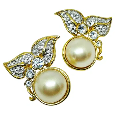 Pre-owned Swarovski Sal Vintage Signed Gold Plated Crystals Faux Pearl Designer Earrings In Multi