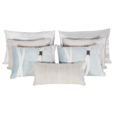 Pre-owned Swarovski Set Of 7 Decorative Pillows Pearl Cream Light Blue  By Lusitanus In White
