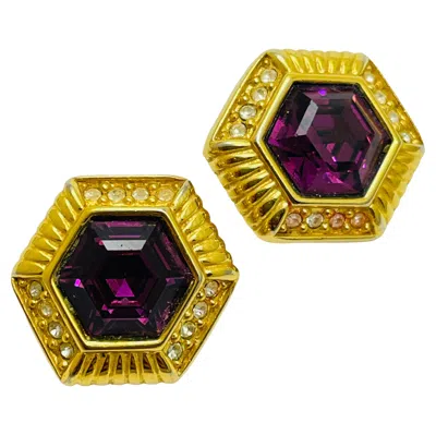 Pre-owned Swarovski Signed Gold Amethyst Crystal Designer Runway Clip On Earrings In Purple